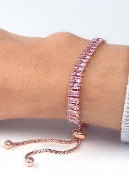 Rose gold plated pink baguette stone studded adjustable charm bracelet jewellery for women 2