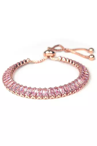 Rose gold plated pink baguette stone studded adjustable charm bracelet jewellery for women
