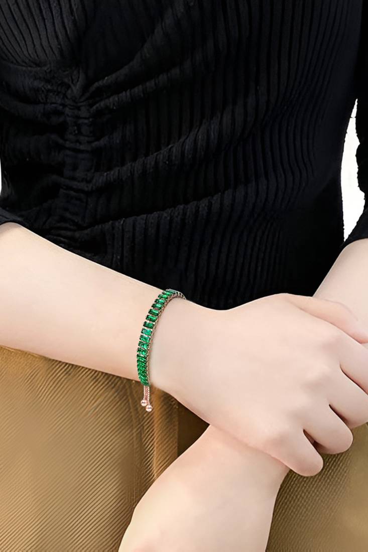 Rose gold plated green baguette stone studded adjustable bracelet jewellery for women