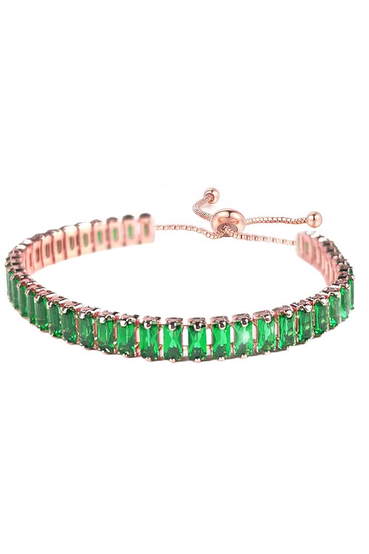 Rose gold plated green baguette stone studded adjustable bracelet jewellery for women