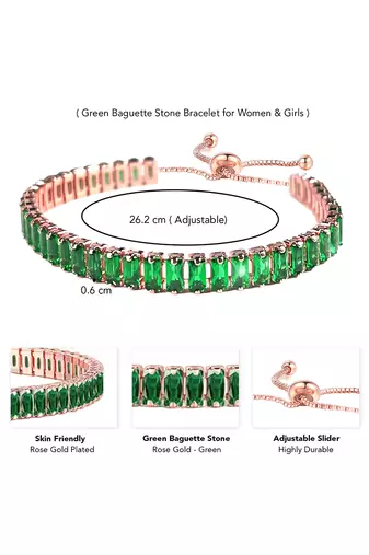 Rose gold plated green baguette stone studded adjustable bracelet jewellery for women