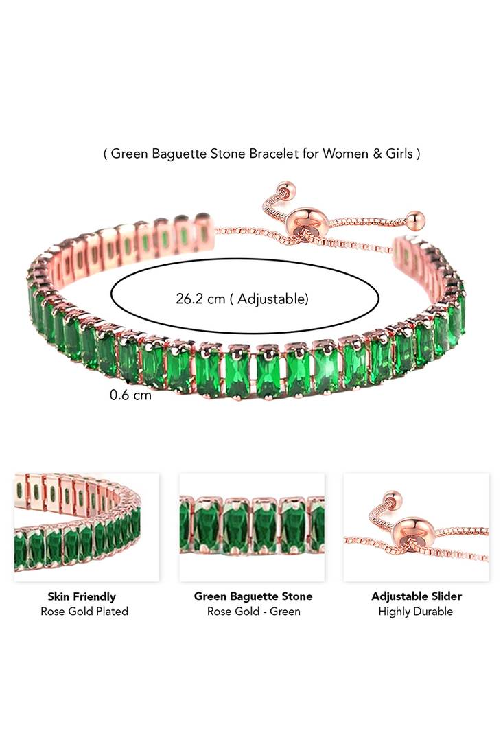 Rose gold plated green baguette stone studded adjustable bracelet jewellery for women