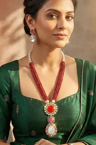 Maroon pendant style necklace earrings set for women | faux ruby studded | festive jewellery