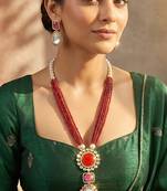 Maroon pendant style necklace earrings set for women | faux ruby studded | festive jewellery