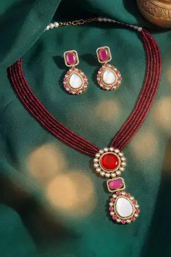 Maroon pendant style necklace earrings set for women | faux ruby studded | festive jewellery