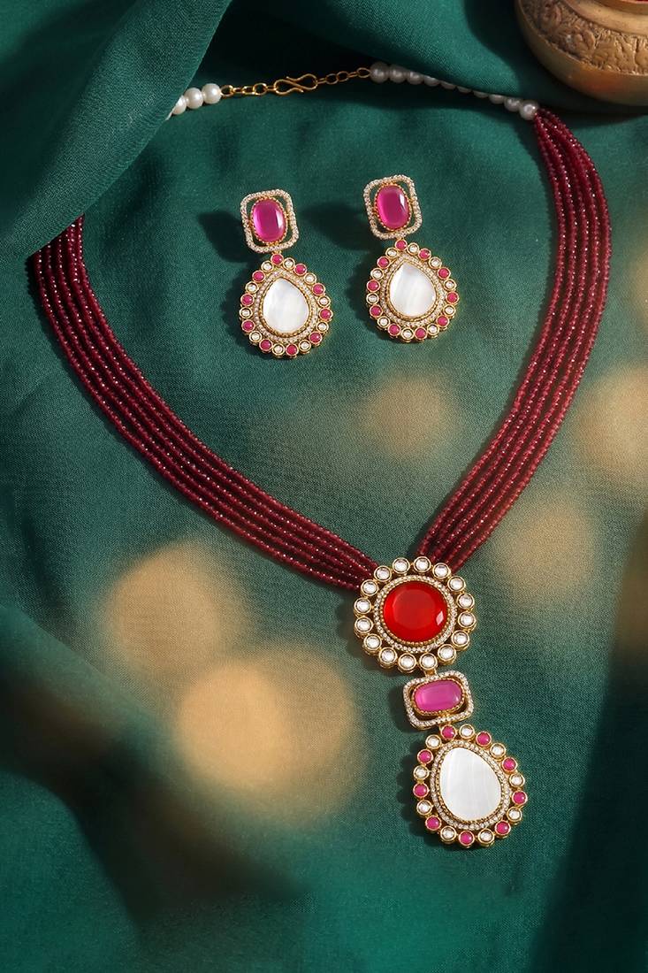 Maroon pendant style necklace earrings set for women | faux ruby studded | festive jewellery
