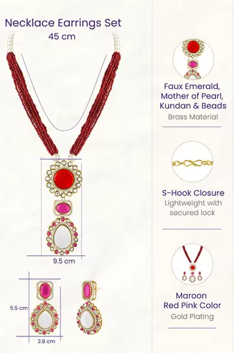 Maroon pendant style necklace earrings set for women | faux ruby studded | festive jewellery