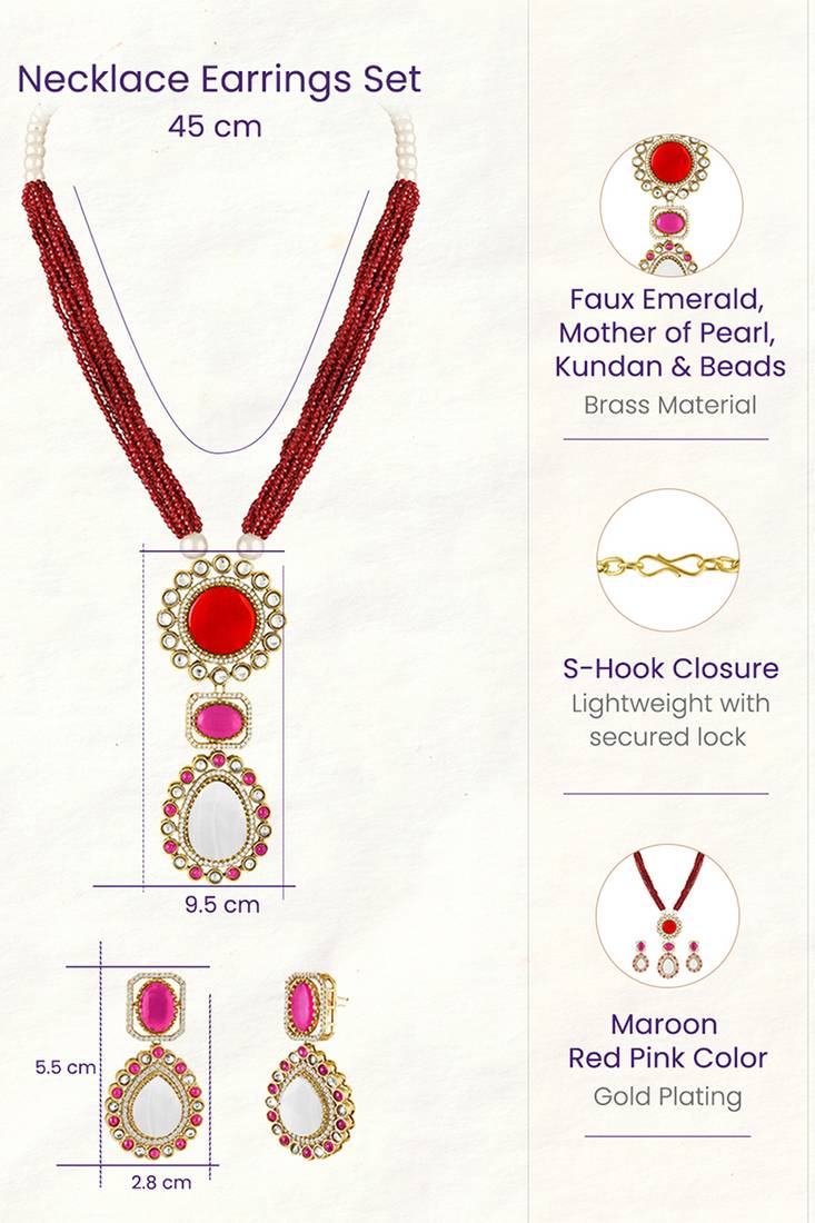 Maroon pendant style necklace earrings set for women | faux ruby studded | festive jewellery