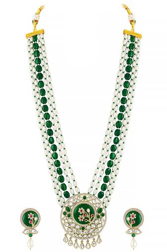 Gold plated kundan & beads studded traditional long necklace earrings set jewellery for women