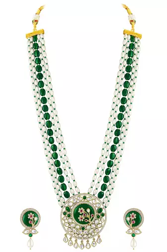 Gold plated kundan & beads studded traditional long necklace earrings set jewellery for women