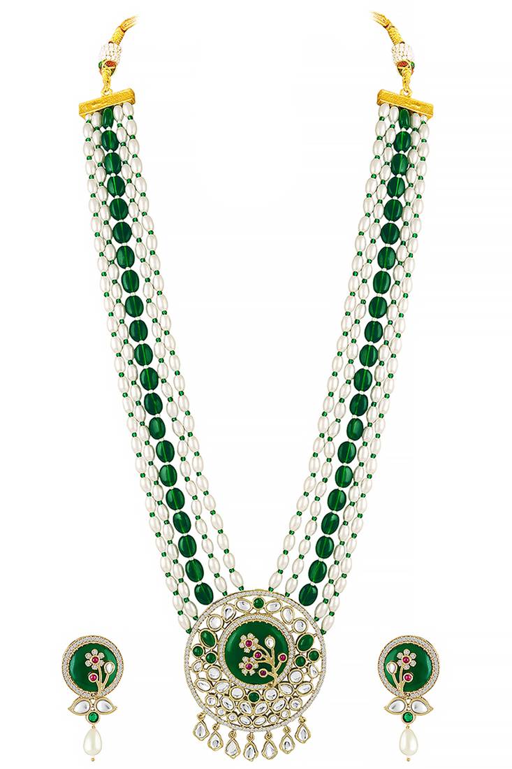 Gold plated kundan & beads studded traditional long necklace earrings set jewellery for women