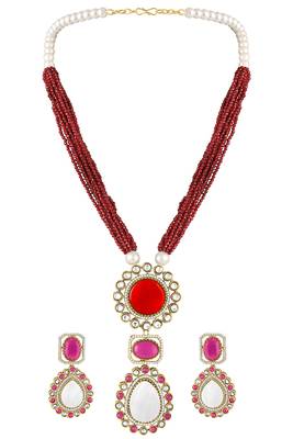 Maroon pendant style necklace earrings set for women | faux ruby studded | festive jewellery 4