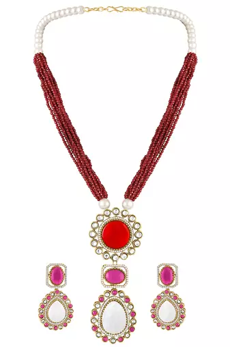 Maroon pendant style necklace earrings set for women | faux ruby studded | festive jewellery