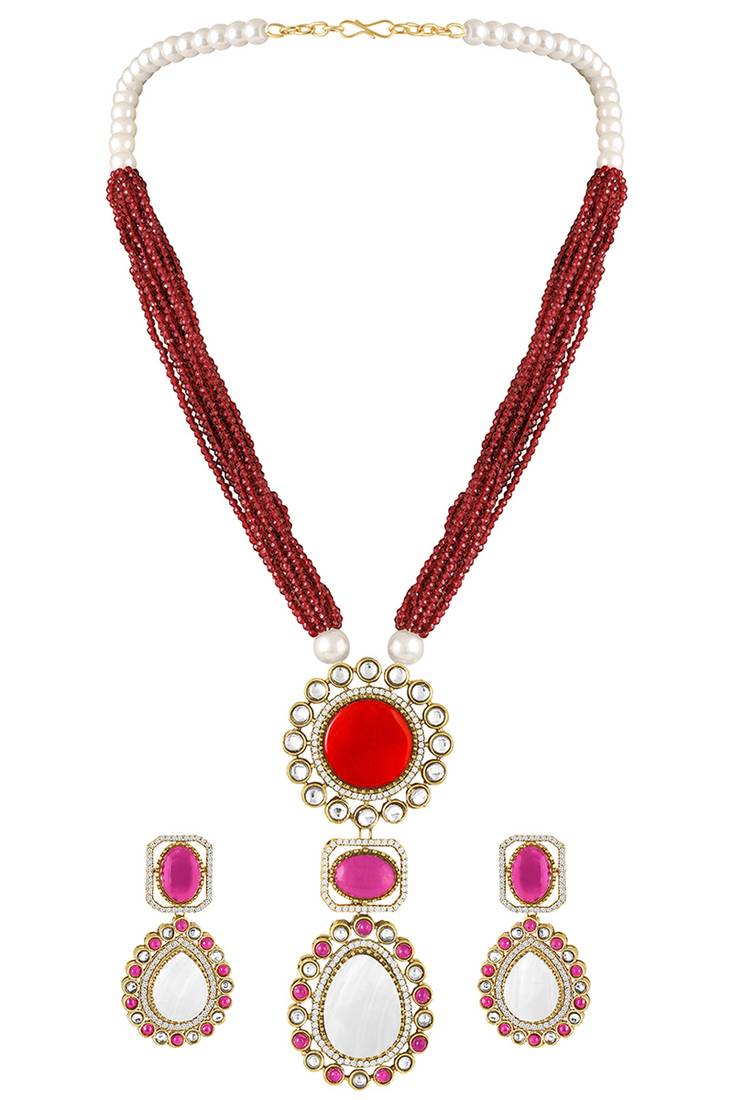 Maroon pendant style necklace earrings set for women | faux ruby studded | festive jewellery