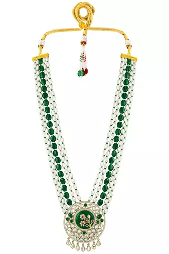 Gold plated kundan & beads studded traditional long necklace earrings set jewellery for women