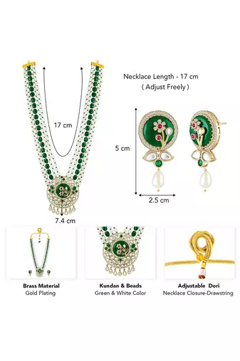 Gold plated kundan & beads studded traditional long necklace earrings set jewellery for women