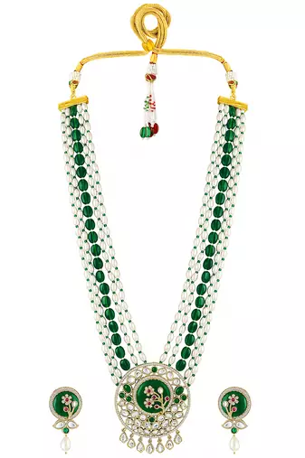 Gold plated kundan & beads studded traditional long necklace earrings set jewellery for women