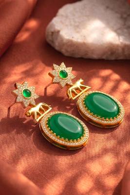 Green ethnic dangle earrings for women & girls | gold plated | cubic zirconia faux emerald studded 1