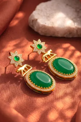 Green ethnic dangle earrings for women & girls | gold plated | cubic zirconia faux emerald studded