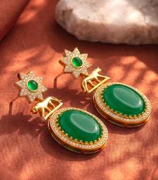 Green ethnic dangle earrings for women & girls | gold plated | cubic zirconia faux emerald studded