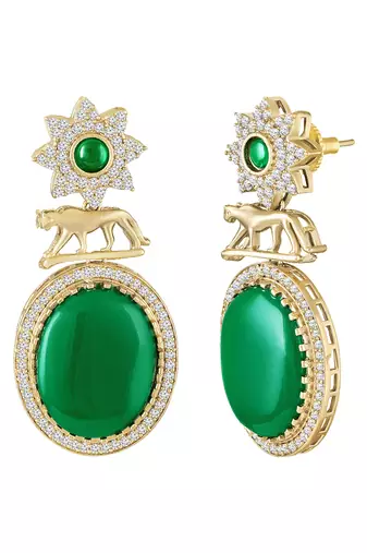 Green ethnic dangle earrings for women & girls | gold plated | cubic zirconia faux emerald studded