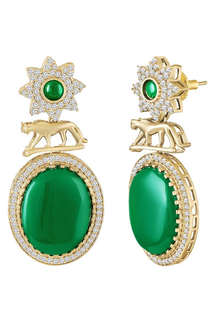 Green ethnic dangle earrings for women & girls | gold plated | cubic zirconia faux emerald studded