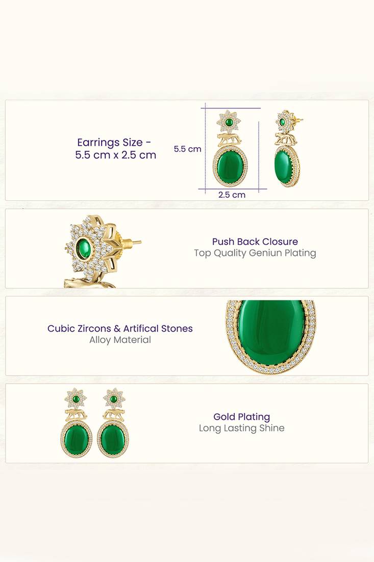 Green ethnic dangle earrings for women & girls | gold plated | cubic zirconia faux emerald studded