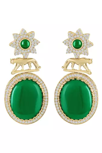 Green ethnic dangle earrings for women & girls | gold plated | cubic zirconia faux emerald studded