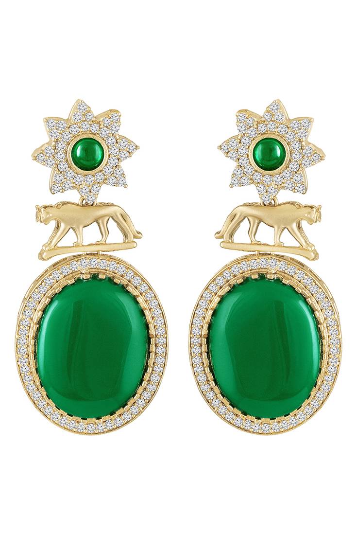 Green ethnic dangle earrings for women & girls | gold plated | cubic zirconia faux emerald studded