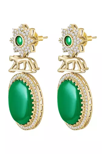 Green ethnic dangle earrings for women & girls | gold plated | cubic zirconia faux emerald studded