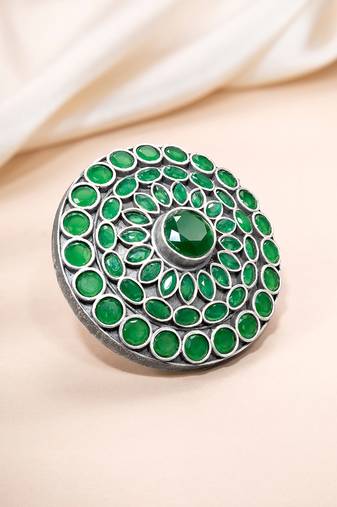 Oxidized silver plated faux emerald studded statement finger ring adjustable jewellery