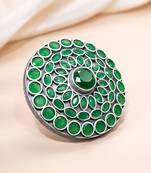 Oxidized silver plated faux emerald studded statement finger ring adjustable jewellery