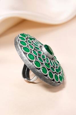 Oxidized silver plated faux emerald studded statement finger ring adjustable jewellery 2