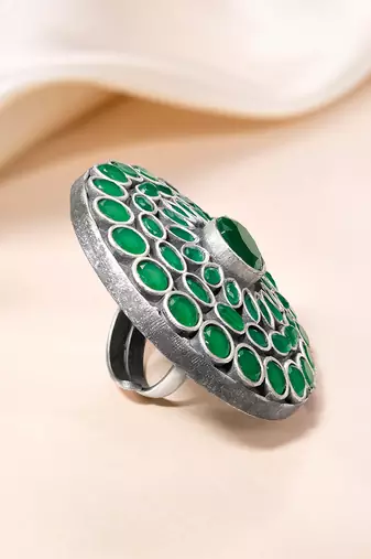 Oxidized silver plated faux emerald studded statement finger ring adjustable jewellery