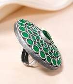 Oxidized silver plated faux emerald studded statement finger ring adjustable jewellery