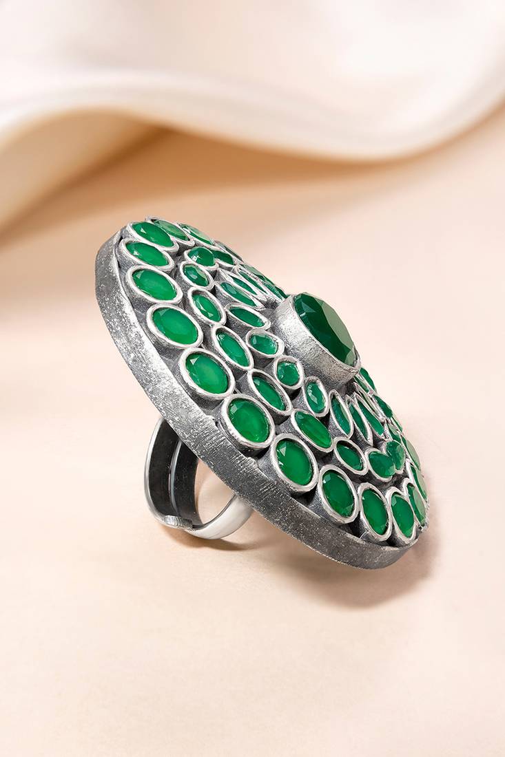 Oxidized silver plated faux emerald studded statement finger ring adjustable jewellery