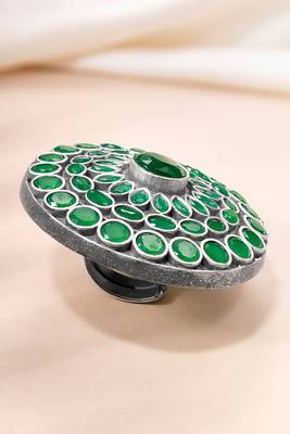 Oxidized silver plated faux emerald studded statement finger ring adjustable jewellery 3