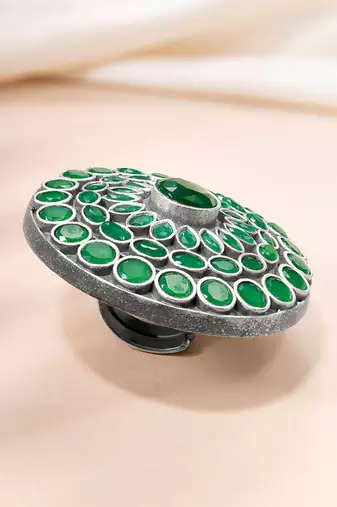 Oxidized silver plated faux emerald studded statement finger ring adjustable jewellery