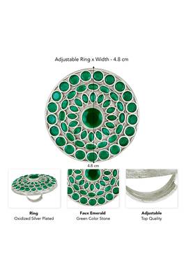 Oxidized silver plated faux emerald studded statement finger ring adjustable jewellery 4