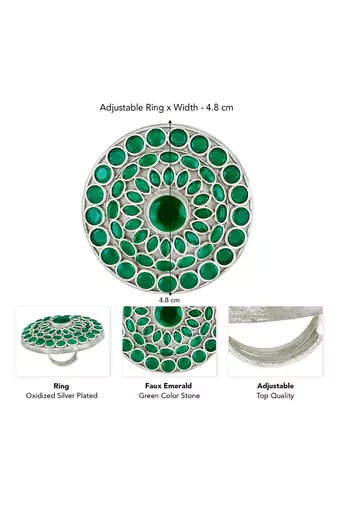 Oxidized silver plated faux emerald studded statement finger ring adjustable jewellery