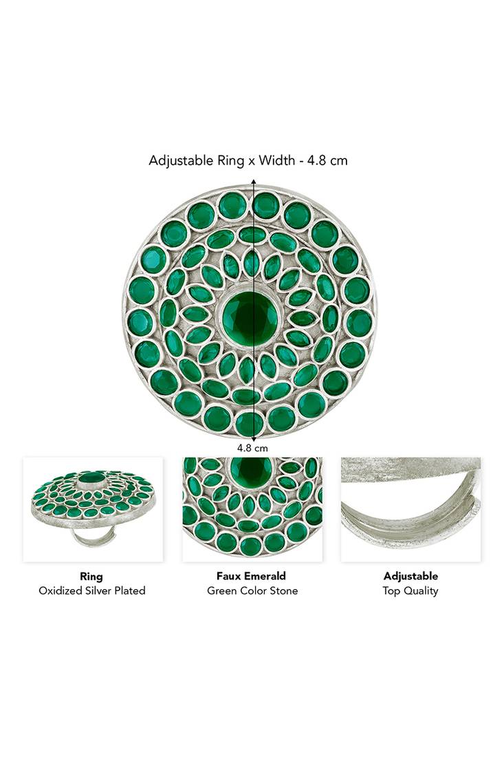 Oxidized silver plated faux emerald studded statement finger ring adjustable jewellery