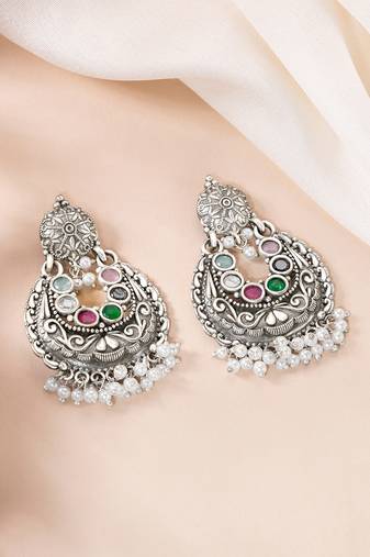 Oxidized silver plated multicolor crystals & lariya studded dangle earrings jewellery