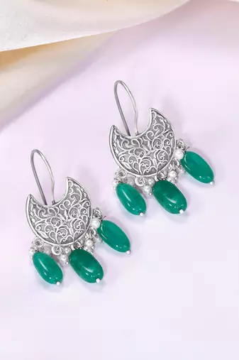 Oxidized silver plated green beads studded dangle earrings fashion jewellery for women & girls