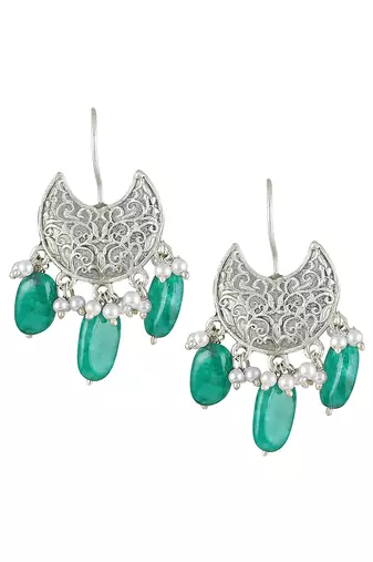 Oxidized silver plated green beads studded dangle earrings fashion jewellery for women & girls