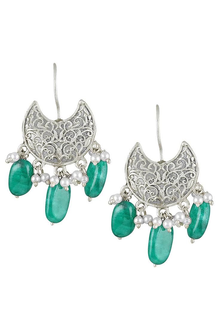 Oxidized silver plated green beads studded dangle earrings fashion jewellery for women & girls
