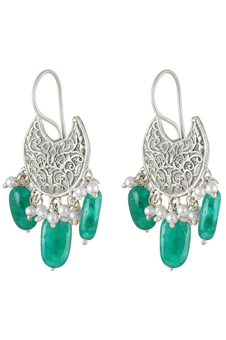 Oxidized silver plated green beads studded dangle earrings fashion jewellery for women & girls