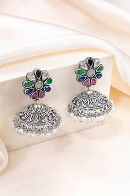 Oxidized silver plated crystals & lariya studded jhumki earrings fashion jewellery for women 1