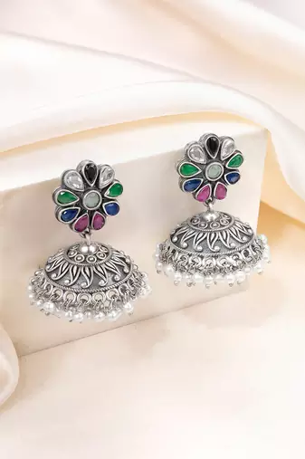 Oxidized silver plated crystals & lariya studded jhumki earrings fashion jewellery for women