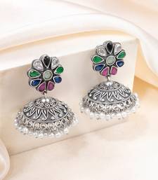 Oxidized silver plated crystals & lariya studded jhumki earrings fashion jewellery for women