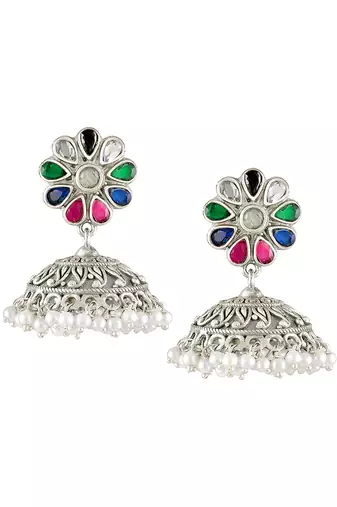 Oxidized silver plated crystals & lariya studded jhumki earrings fashion jewellery for women